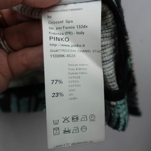 PINKO Rhinestone Collar Cropped Jacket Sz 8 Aqua Blue Black Linen Blend Evening - Picture 10 of 13